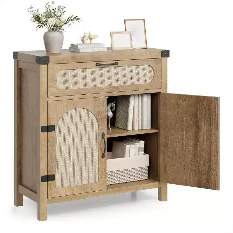 29.9'' Armario Buffet Pequeño de Ratán con Almacenamiento, Mueble para Barra de Café de Cocina con Puertas y Cajón, Aparador con Estantes Ajustables y Manija
