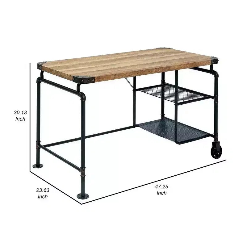 Escritorio Royal Hampton de 47 Pulgadas, Ruedas Industriales, Metal Negro, Madera