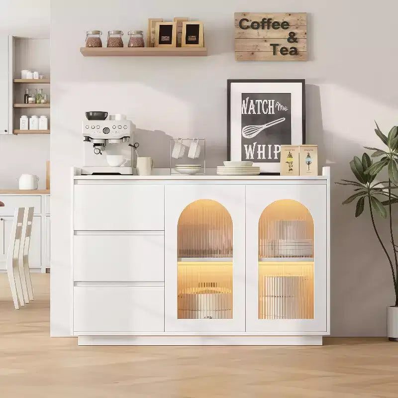 GustoWave 48W Buffet Cabinet Storage Cabinet with led, Sideboard Kitchen Buffet Table with 3 Drawers, Coffee Bar Cabinet, Elegant White