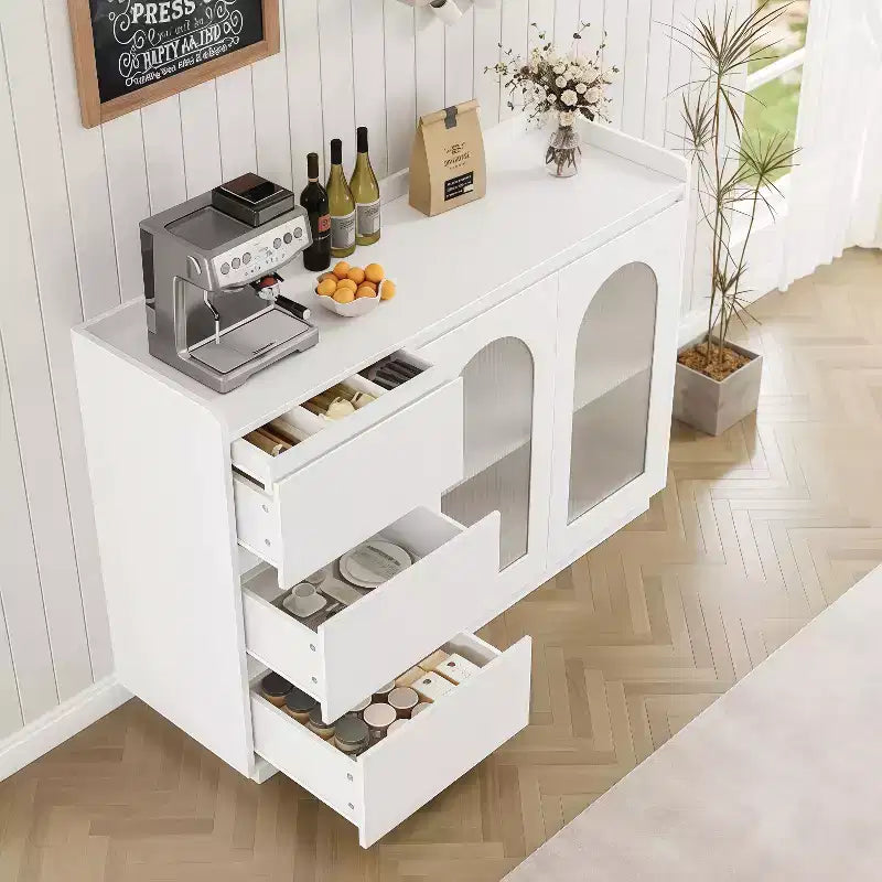 GustoWave 48W Buffet Cabinet Storage Cabinet with led, Sideboard Kitchen Buffet Table with 3 Drawers, Coffee Bar Cabinet, Elegant White