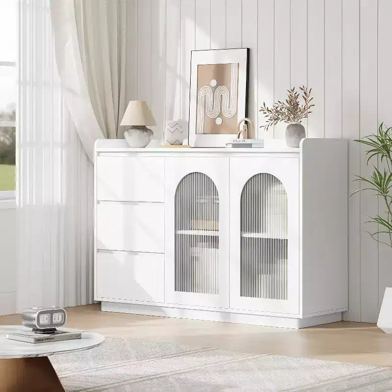 GustoWave 48W Buffet Cabinet Storage Cabinet with led, Sideboard Kitchen Buffet Table with 3 Drawers, Coffee Bar Cabinet, Elegant White