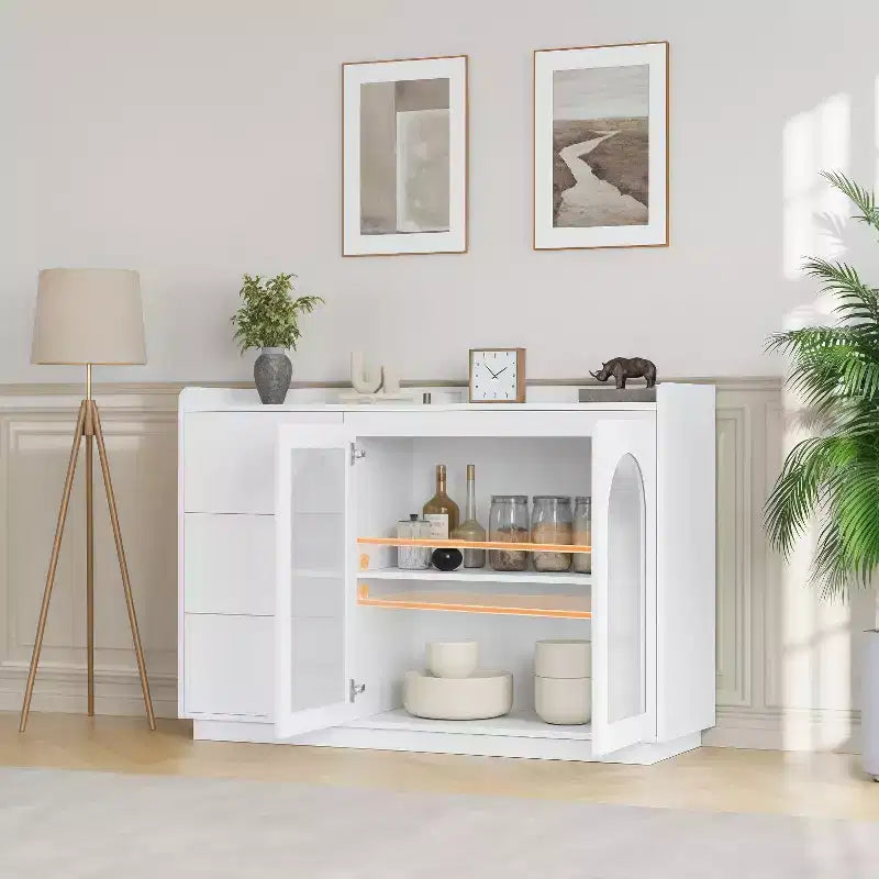 GustoWave 48W Buffet Cabinet Storage Cabinet with led, Sideboard Kitchen Buffet Table with 3 Drawers, Coffee Bar Cabinet, Elegant White