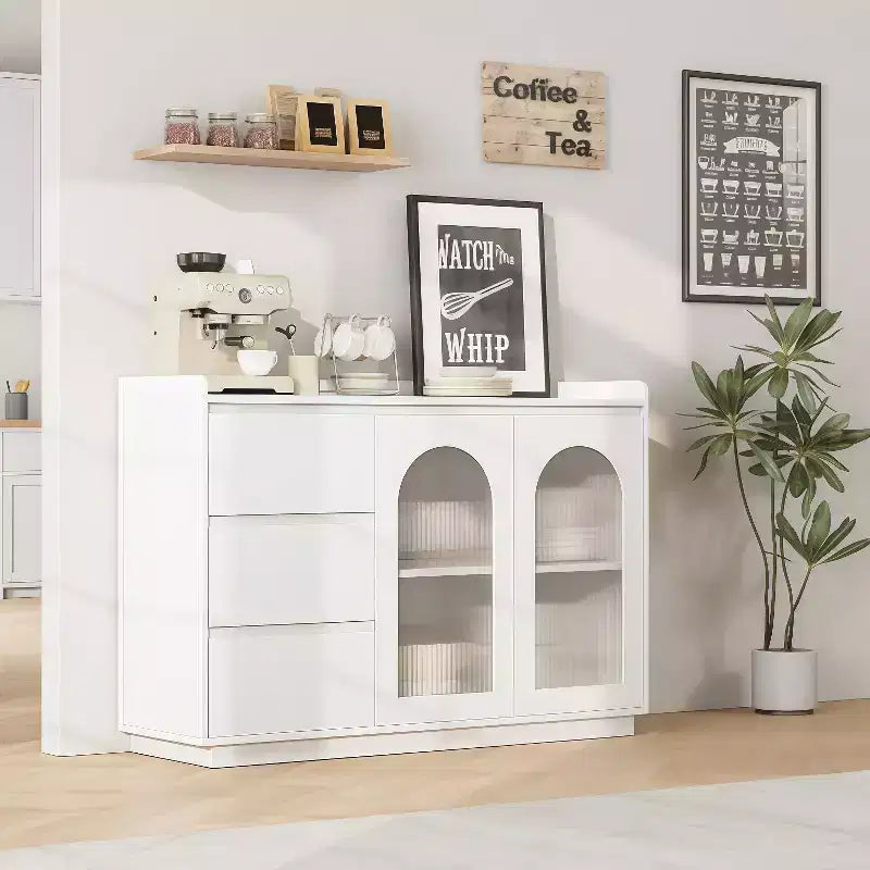 GustoWave 48W Buffet Cabinet Storage Cabinet with led, Sideboard Kitchen Buffet Table with 3 Drawers, Coffee Bar Cabinet, Elegant White