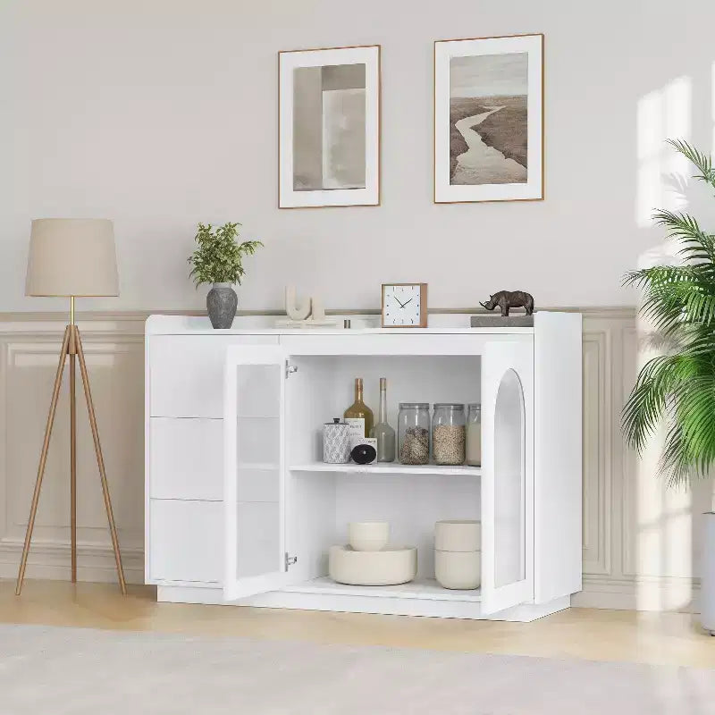 GustoWave 48W Buffet Cabinet Storage Cabinet with led, Sideboard Kitchen Buffet Table with 3 Drawers, Coffee Bar Cabinet, Elegant White