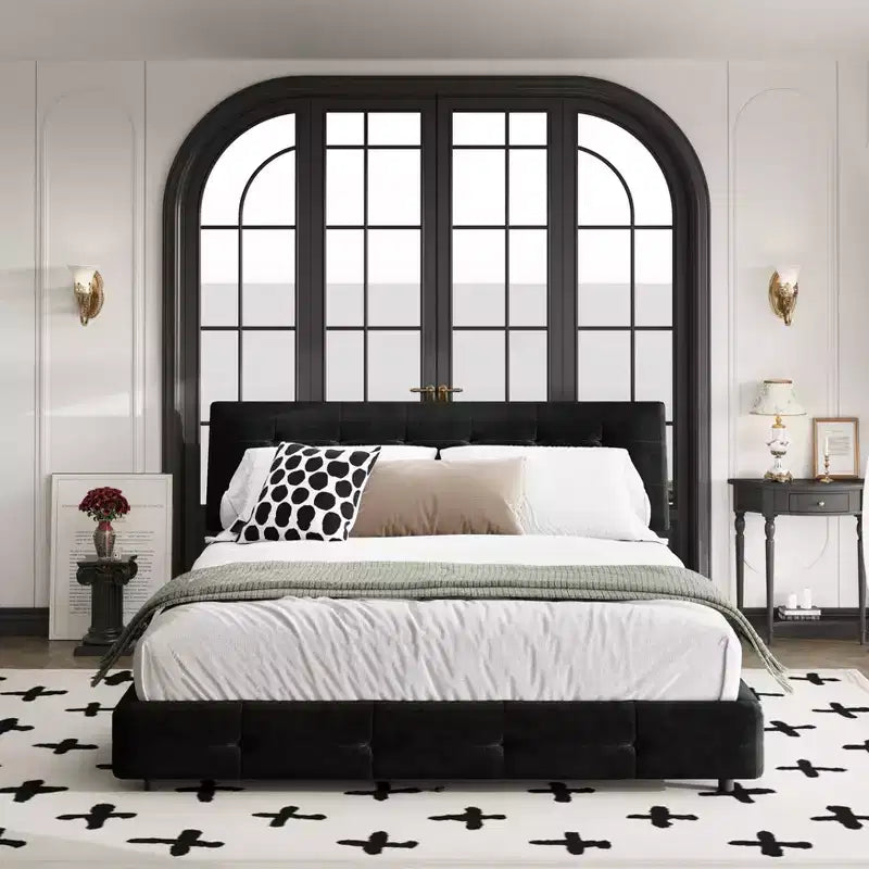 Modern Chenille Upholstered Platform Bed with Wood Slats and Metal Frame