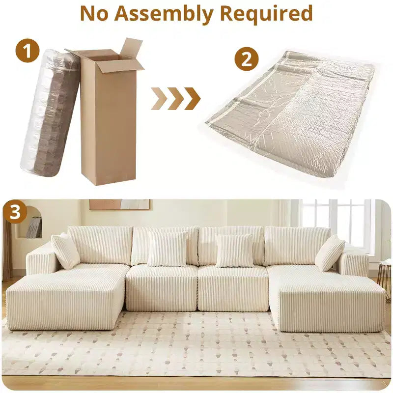 137 U-Shaped Cloud Sectional Couch with Chaise, Boneless Corduroy Couch with Deep Seat, Modern Oversized Modular Upholstered Sofa, for Living Room