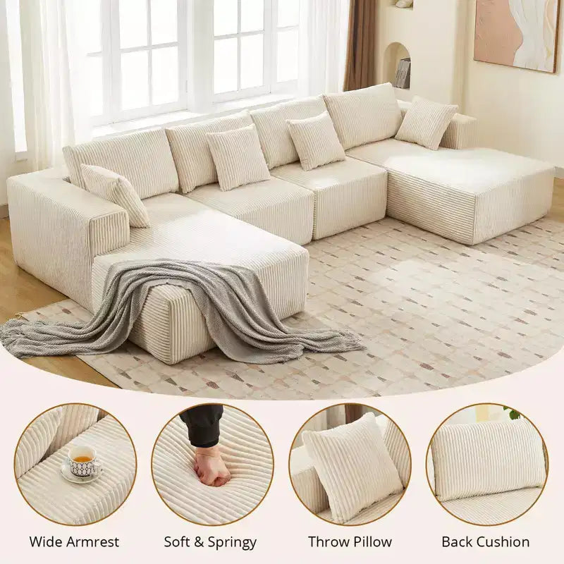 137 U-Shaped Cloud Sectional Couch with Chaise, Boneless Corduroy Couch with Deep Seat, Modern Oversized Modular Upholstered Sofa, for Living Room