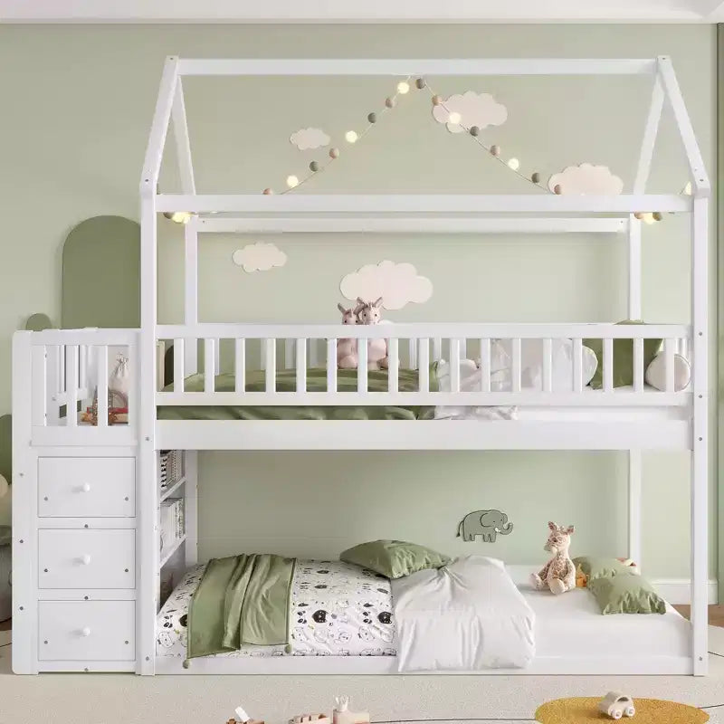Okak 97.28IN Twin Over Twin Bunk Bed with Roof Design, Kids Bunk Beds with 3 Drawers and 3-Tier Shelves, Twin Bed for Kids, Teenagers