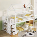 Okak 97.28IN Twin Over Twin Bunk Bed with Roof Design, Kids Bunk Beds with 3 Drawers and 3-Tier Shelves, Twin Bed for Kids, Teenagers