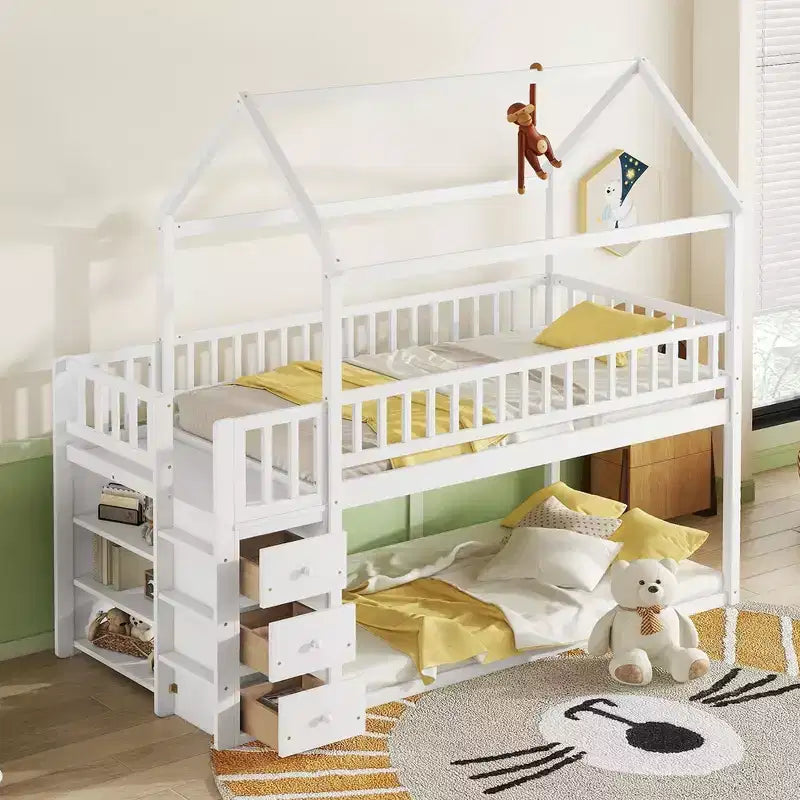 Okak 97.28IN Twin Over Twin Bunk Bed with Roof Design, Kids Bunk Beds with 3 Drawers and 3-Tier Shelves, Twin Bed for Kids, Teenagers