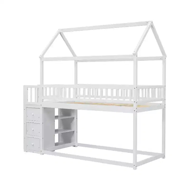 Okak 97.28IN Twin Over Twin Bunk Bed with Roof Design, Kids Bunk Beds with 3 Drawers and 3-Tier Shelves, Twin Bed for Kids, Teenagers