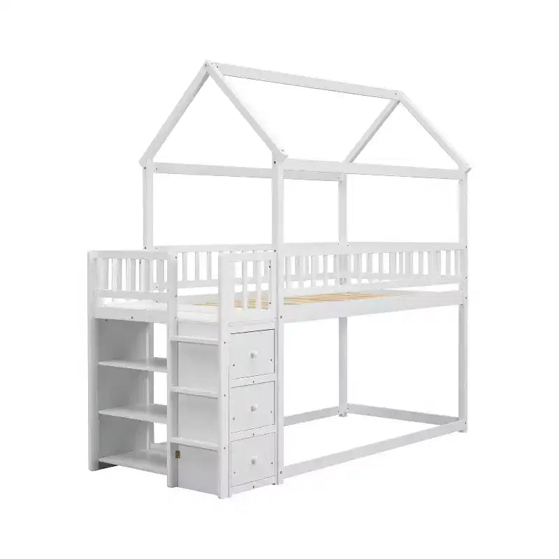 Okak 97.28IN Twin Over Twin Bunk Bed with Roof Design, Kids Bunk Beds with 3 Drawers and 3-Tier Shelves, Twin Bed for Kids, Teenagers
