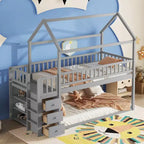 Okak 97.28IN Twin Over Twin Bunk Bed with Roof Design, Kids Bunk Beds with 3 Drawers and 3-Tier Shelves, Twin Bed for Kids, Teenagers
