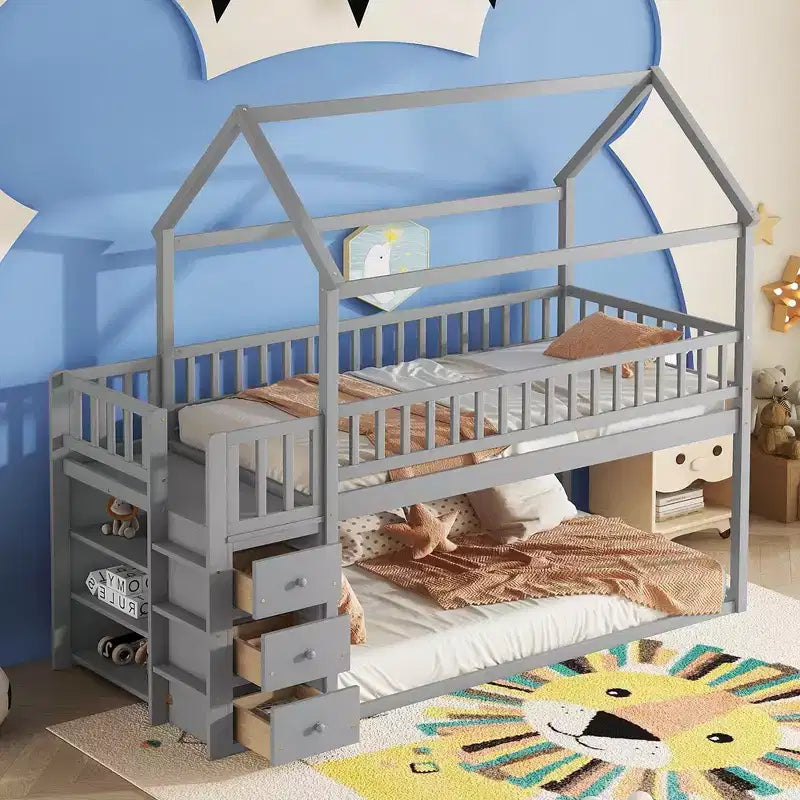 Okak 97.28IN Twin Over Twin Bunk Bed with Roof Design, Kids Bunk Beds with 3 Drawers and 3-Tier Shelves, Twin Bed for Kids, Teenagers