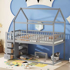 Okak 97.28IN Twin Over Twin Bunk Bed with Roof Design, Kids Bunk Beds with 3 Drawers and 3-Tier Shelves, Twin Bed for Kids, Teenagers