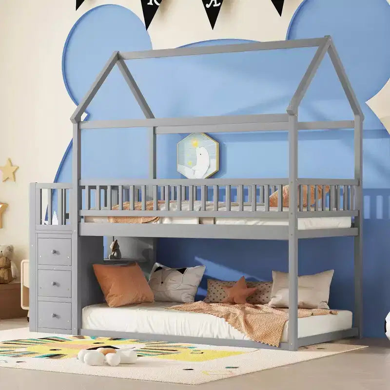 Okak 97.28IN Twin Over Twin Bunk Bed with Roof Design, Kids Bunk Beds with 3 Drawers and 3-Tier Shelves, Twin Bed for Kids, Teenagers