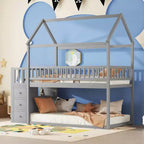 Okak 97.28IN Twin Over Twin Bunk Bed with Roof Design, Kids Bunk Beds with 3 Drawers and 3-Tier Shelves, Twin Bed for Kids, Teenagers