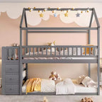 Okak 97.28IN Twin Over Twin Bunk Bed with Roof Design, Kids Bunk Beds with 3 Drawers and 3-Tier Shelves, Twin Bed for Kids, Teenagers