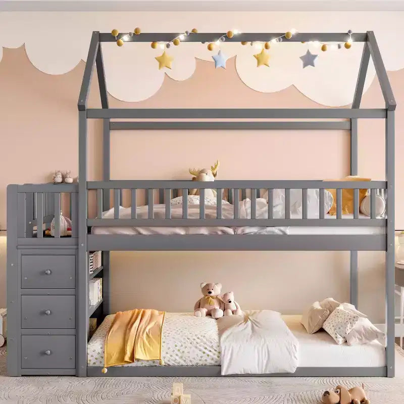 Okak 97.28IN Twin Over Twin Bunk Bed with Roof Design, Kids Bunk Beds with 3 Drawers and 3-Tier Shelves, Twin Bed for Kids, Teenagers