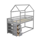 Okak 97.28IN Twin Over Twin Bunk Bed with Roof Design, Kids Bunk Beds with 3 Drawers and 3-Tier Shelves, Twin Bed for Kids, Teenagers