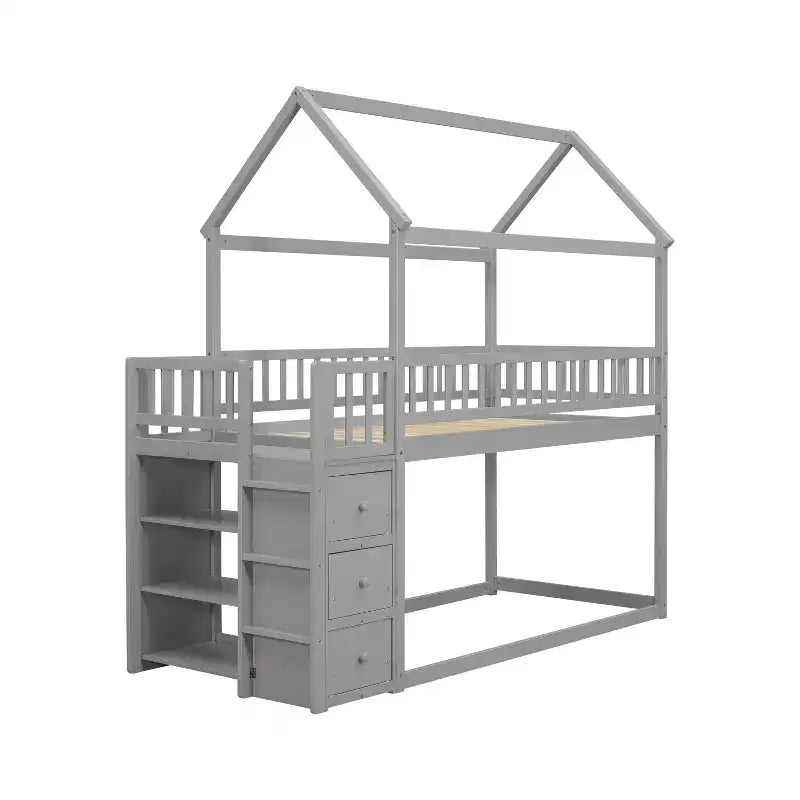 Okak 97.28IN Twin Over Twin Bunk Bed with Roof Design, Kids Bunk Beds with 3 Drawers and 3-Tier Shelves, Twin Bed for Kids, Teenagers