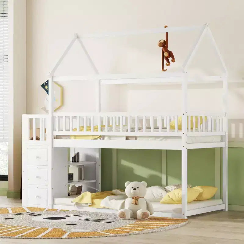 Okak 97.28IN Twin Over Twin Bunk Bed with Roof Design, Kids Bunk Beds with 3 Drawers and 3-Tier Shelves, Twin Bed for Kids, Teenagers