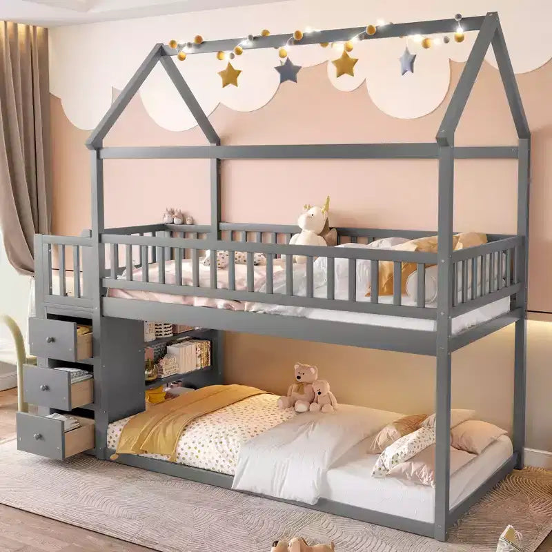Okak 97.28IN Twin Over Twin Bunk Bed with Roof Design, Kids Bunk Beds with 3 Drawers and 3-Tier Shelves, Twin Bed for Kids, Teenagers