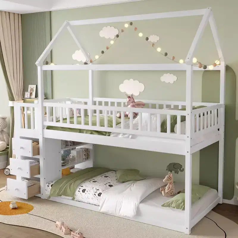 Okak 97.28IN Twin Over Twin Bunk Bed with Roof Design, Kids Bunk Beds with 3 Drawers and 3-Tier Shelves, Twin Bed for Kids, Teenagers