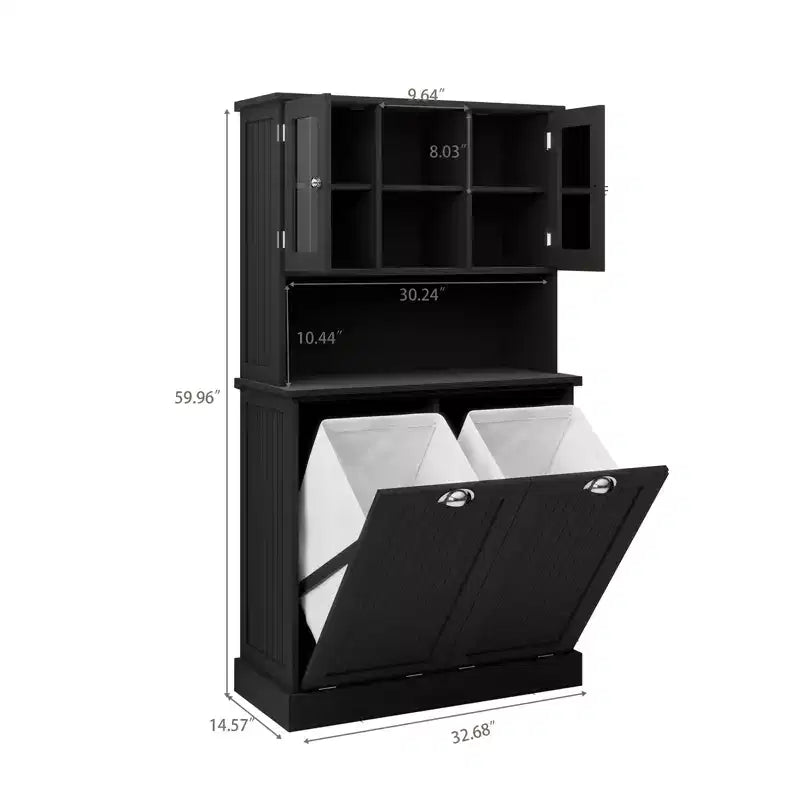 Homy Casa Tall Bathroom Cabinet with Upper Storage Shelves and Dual Tilt-Out Laundry Hampers, Black