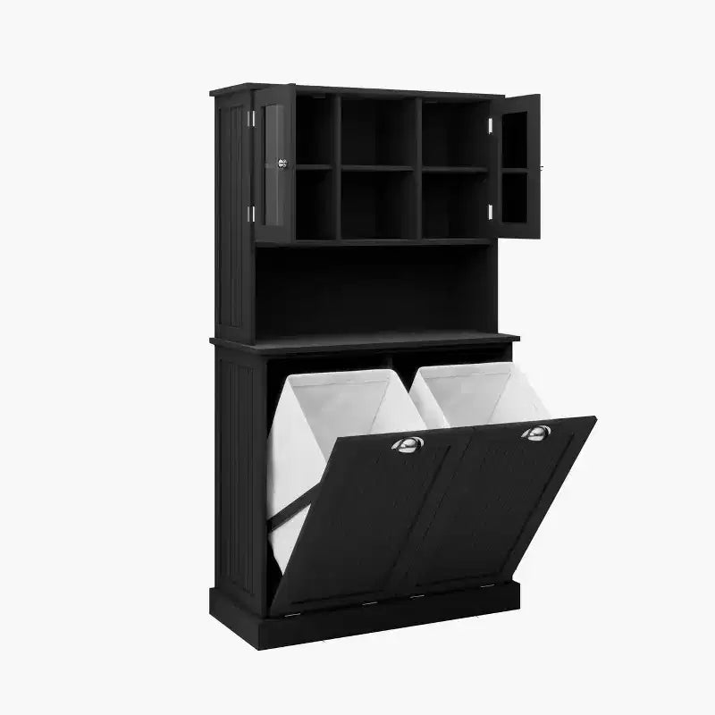 Homy Casa Tall Bathroom Cabinet with Upper Storage Shelves and Dual Tilt-Out Laundry Hampers, Black