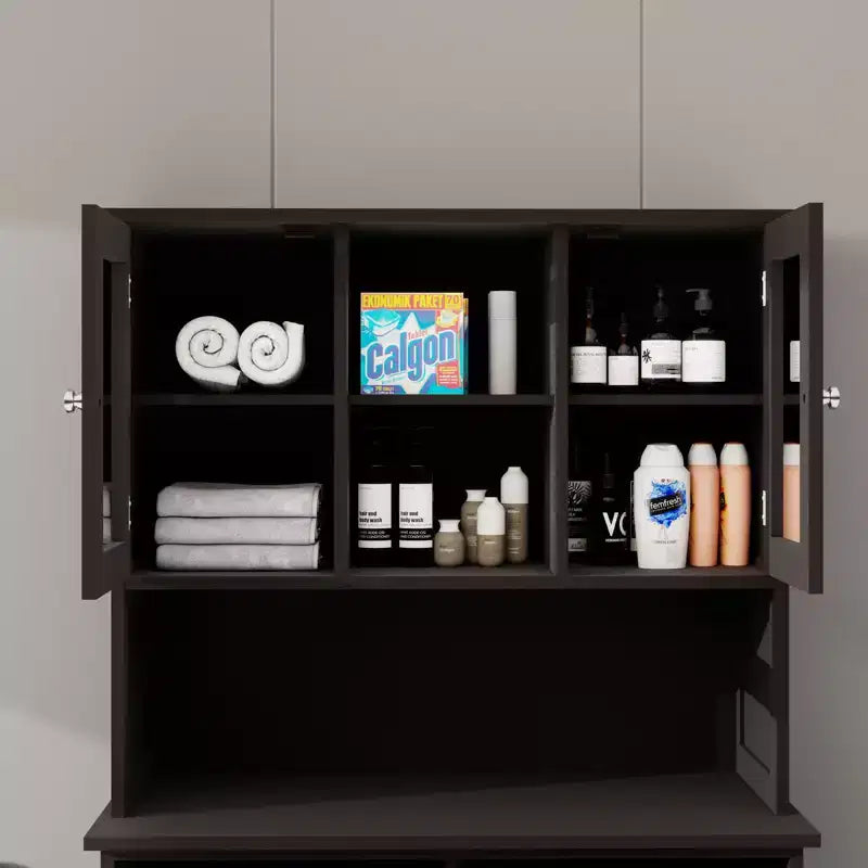 Homy Casa Tall Bathroom Cabinet with Upper Storage Shelves and Dual Tilt-Out Laundry Hampers, Black