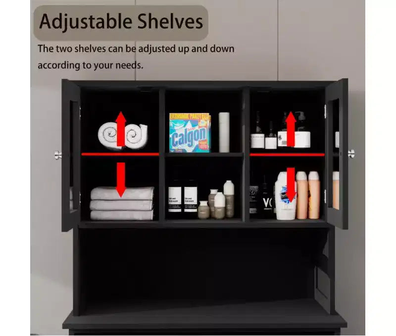 Homy Casa Tall Bathroom Cabinet with Upper Storage Shelves and Dual Tilt-Out Laundry Hampers, Black