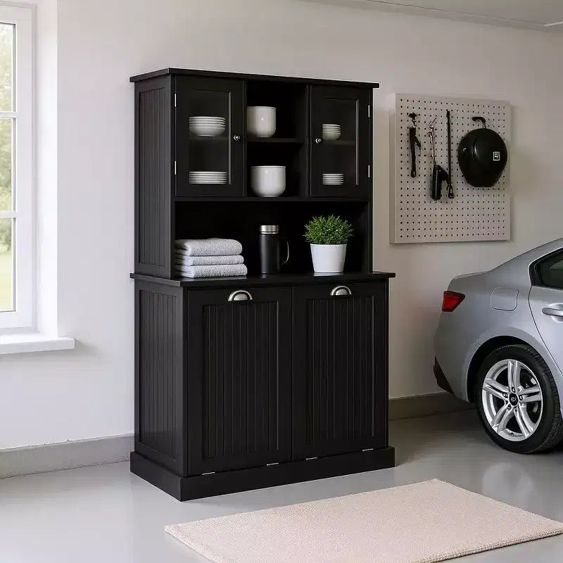 Homy Casa Tall Bathroom Cabinet with Upper Storage Shelves and Dual Tilt-Out Laundry Hampers, Black