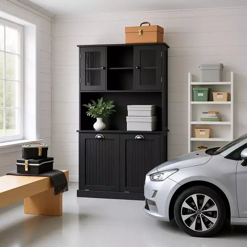 Homy Casa Tall Bathroom Cabinet with Upper Storage Shelves and Dual Tilt-Out Laundry Hampers, Black