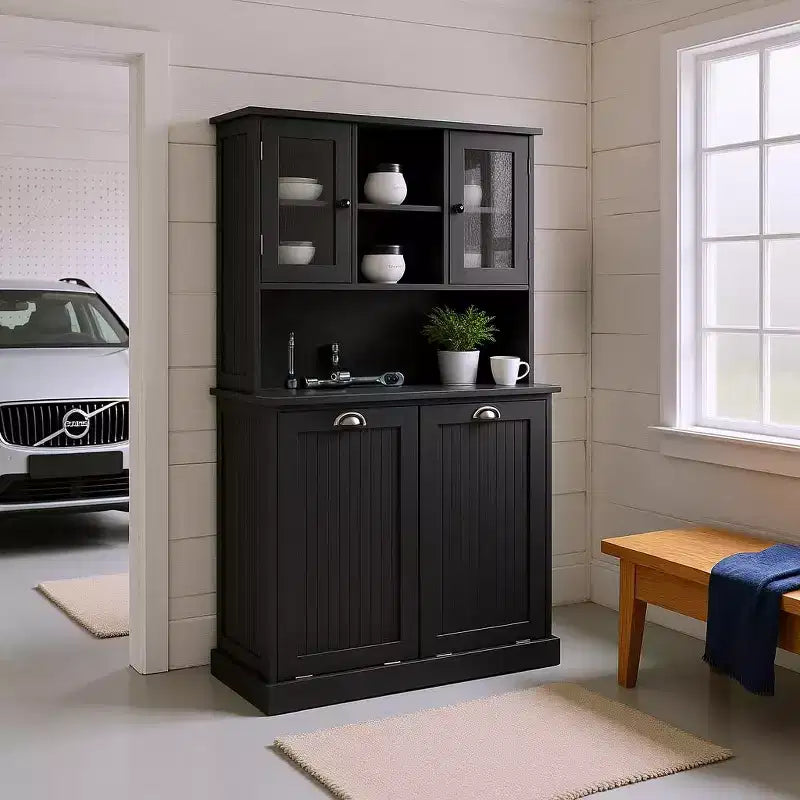 Homy Casa Tall Bathroom Cabinet with Upper Storage Shelves and Dual Tilt-Out Laundry Hampers, Black