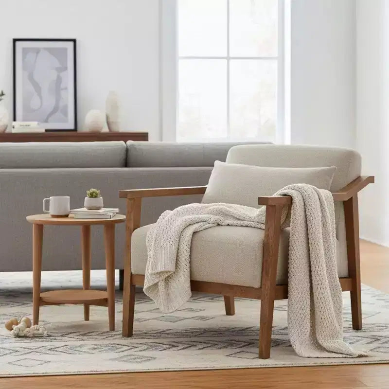 Okak Modern Natural Style Upholstered Armchair with Solid Wood Frame,Reading Leisure Chair for Living Rooms,Relaxation Areas