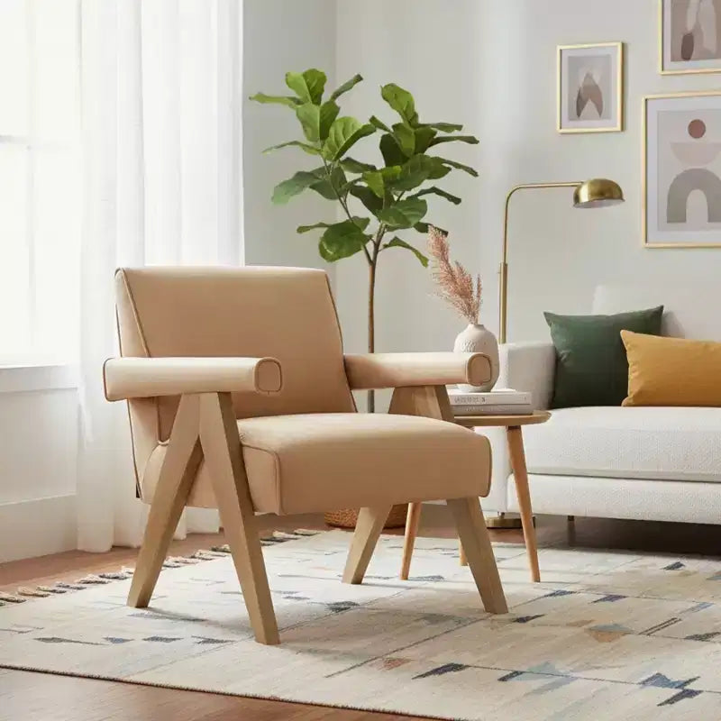 Okak Modern Natural Style Upholstered Armchair with Solid Wood Frame,Reading Leisure Chair for Living Rooms,Relaxation Areas
