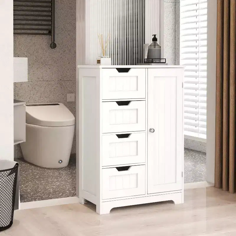 GDFStudio Cass Modern Manufactured Wood Bathroom Storage Cabinet with 4 Drawers and 1 Door