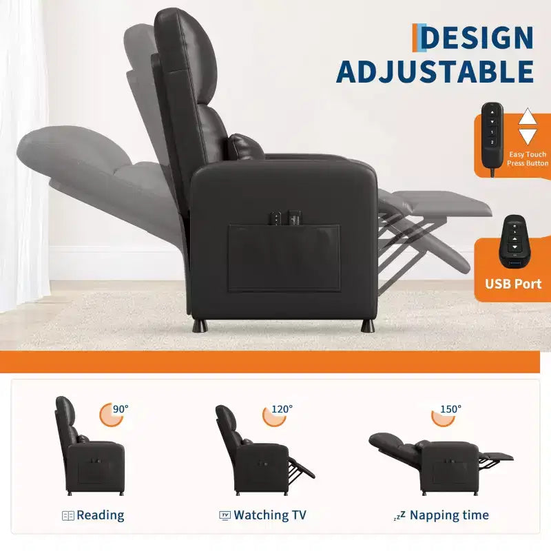 Power Lift Recliner Chair, Overstuffed PU Leather Single Sofa with Tall Back & 2 Side Pockets, Adjustable Home Theater Seating for Living Room
