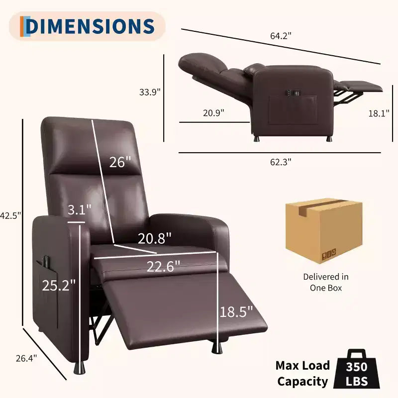 Power Lift Recliner Chair, Overstuffed PU Leather Single Sofa with Tall Back & 2 Side Pockets, Adjustable Home Theater Seating for Living Room