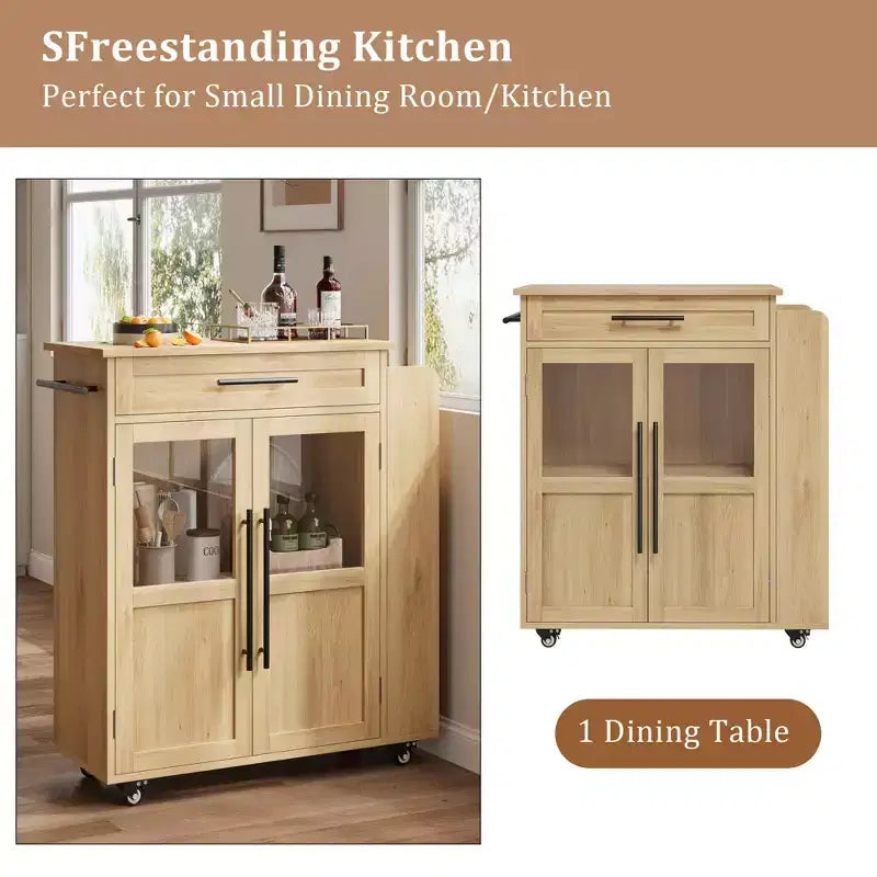 30-Inch Kitchen Island, Mobile Kitchen Cart with Storage Shelves & Cabinet, Stainless Steel Top, Rolling Kitchen Island for Small Spaces