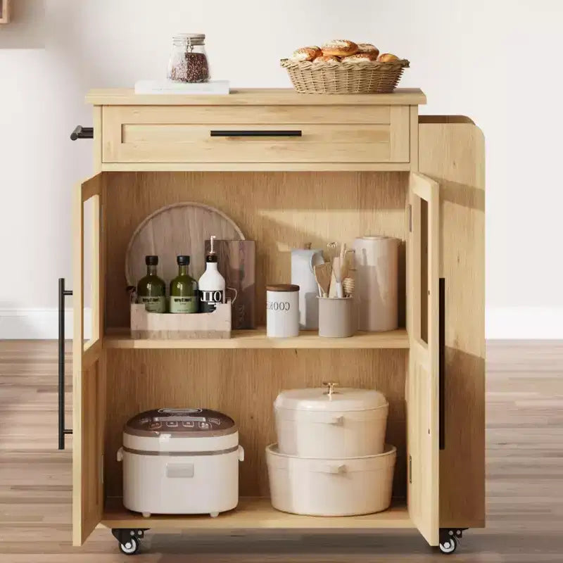 30-Inch Kitchen Island, Mobile Kitchen Cart with Storage Shelves & Cabinet, Stainless Steel Top, Rolling Kitchen Island for Small Spaces