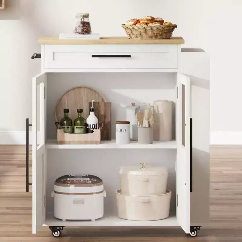 30-Inch Kitchen Island, Mobile Kitchen Cart with Storage Shelves & Cabinet, Stainless Steel Top, Rolling Kitchen Island for Small Spaces