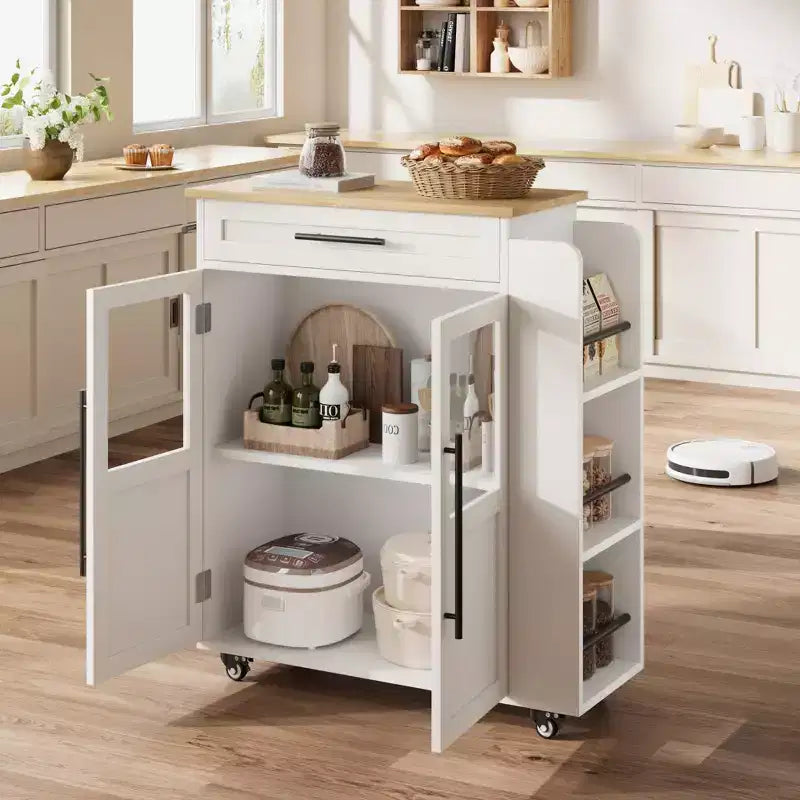 30-Inch Kitchen Island, Mobile Kitchen Cart with Storage Shelves & Cabinet, Stainless Steel Top, Rolling Kitchen Island for Small Spaces