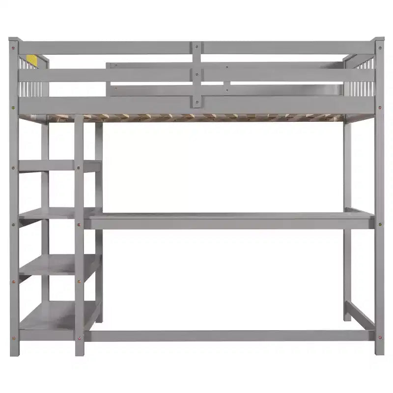 Okak 79.7IN Twin Size Loft Bed with L-Shape Desk, Twin Bed with Safety Guardrails and Storage Shelves, Loft Bed With Stairs for Bedroom