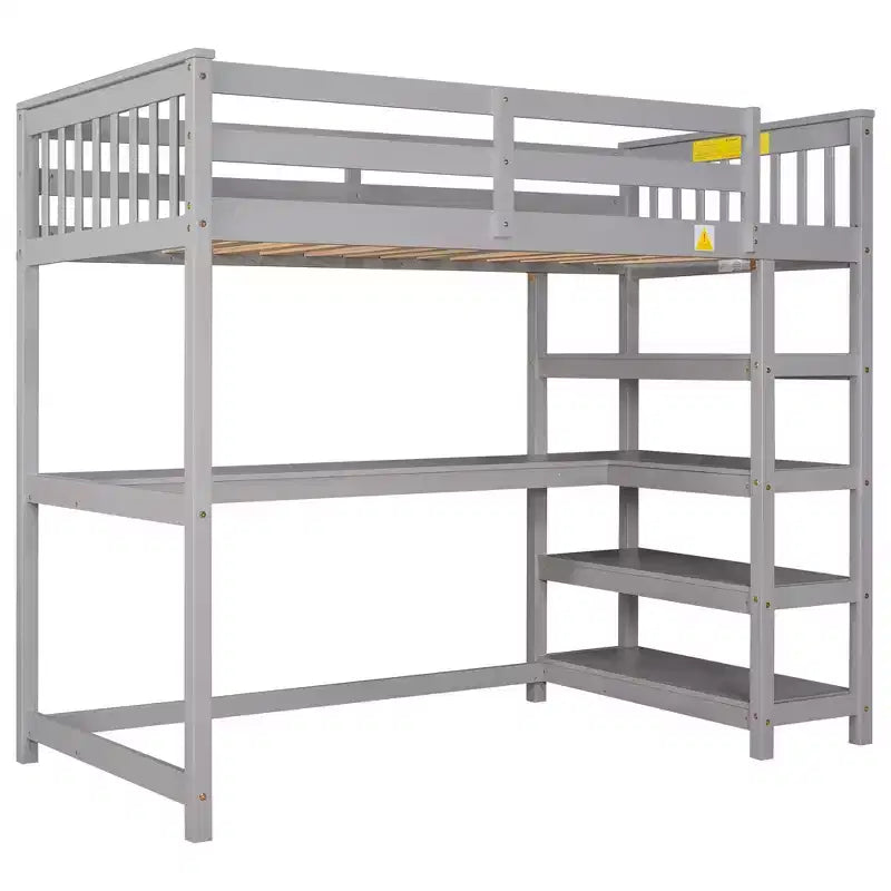Okak 79.7IN Twin Size Loft Bed with L-Shape Desk, Twin Bed with Safety Guardrails and Storage Shelves, Loft Bed With Stairs for Bedroom