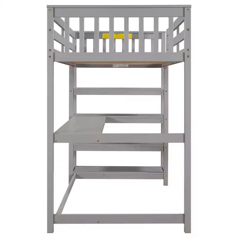 Okak 79.7IN Twin Size Loft Bed with L-Shape Desk, Twin Bed with Safety Guardrails and Storage Shelves, Loft Bed With Stairs for Bedroom