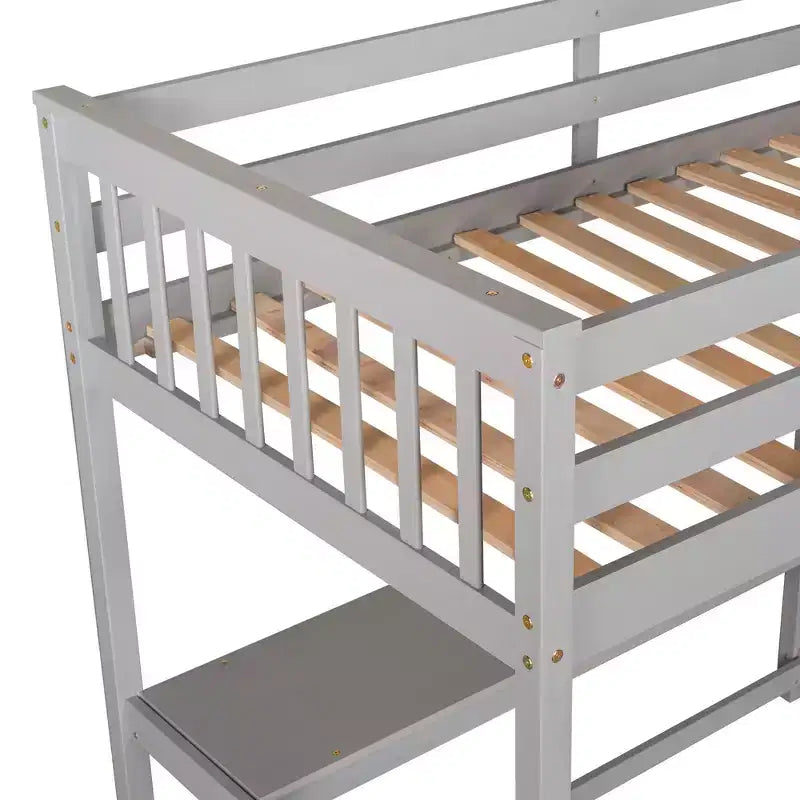 Okak 79.7IN Twin Size Loft Bed with L-Shape Desk, Twin Bed with Safety Guardrails and Storage Shelves, Loft Bed With Stairs for Bedroom