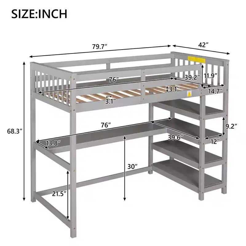 Okak 79.7IN Twin Size Loft Bed with L-Shape Desk, Twin Bed with Safety Guardrails and Storage Shelves, Loft Bed With Stairs for Bedroom