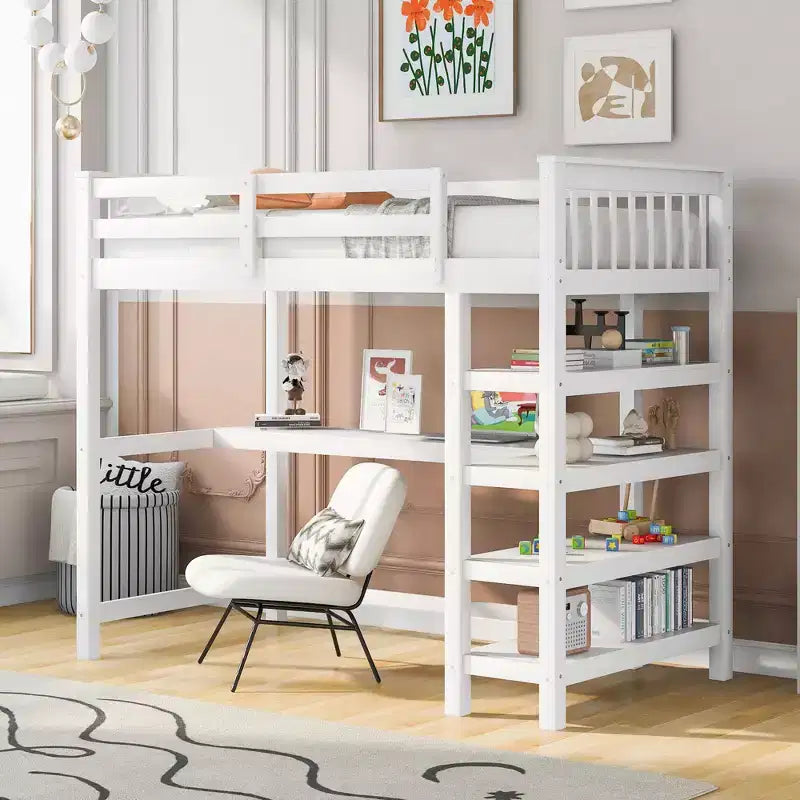 Okak 79.7IN Twin Size Loft Bed with L-Shape Desk, Twin Bed with Safety Guardrails and Storage Shelves, Loft Bed With Stairs for Bedroom